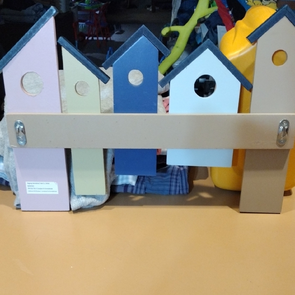 Country Chic Fun and Vibrant Multicolor Wooden Birdhouse Wall Decor with Hooks - Picture 3 of 3